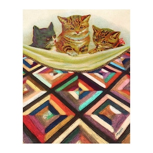 Cats Sleeping, Colorful Quilt Art, Girls Room Decor, Kittens, Vintage Art, Girl Gift, Baby Room Decor, Vintage Cat Art, Tucked in, KORPITA