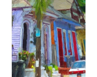 May include: A painting of a row of colorful houses with red doors. The houses are painted in shades of purple, blue, and yellow. A palm tree is in the foreground.