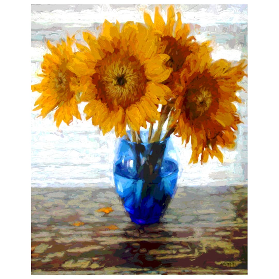 Sunflowers, Blue Vase, Colorful Flowers, Floral, Blue and Gold, Flowers