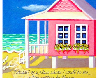 Decoración de cabañas de playa, Casa rosa, Arte de casas pequeñas, Arte de playa, Impresión de playa, Cita de playa, Cita de mar, Cabaña junto al mar, Arte costero, KORPITA