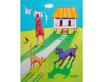 Washday Art, Clothesline Painting, Original Painting, Farmlife, Americana, Woman hanging clothes, Dog and Cat Art, Orange Cat Art, KORPITA
