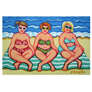 Beach Folk Art, Girlfriend Gift, Women Beach Art, Seascape, Colorful Beach Print, Whimsical Beach, Beach House Decor, Coastal Art, KORPITA
