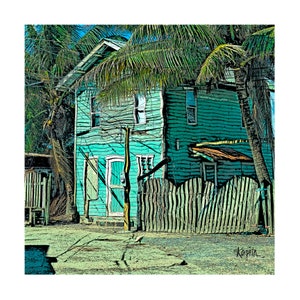 Arte tropicale, Honduras, Roatan, Arte caraibica, Case colorate, Casa turchese, Casa tropicale, Arredamento tropicale, Artista del Mississippi, KORPITA