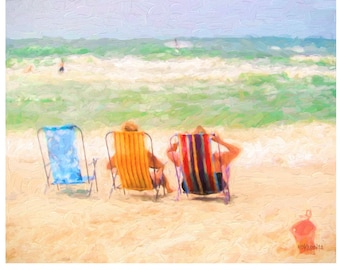 Colorful Beach Art, Beach Impressionism, Seascape, Women on Beach, Seashore Art, Beach Print, Coastal Wall Decor, Girlfriend Gift, KORPITA