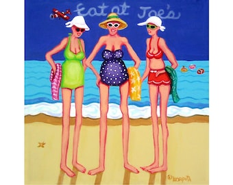 Whimsical Beach Women Funny Coastal Ocean Seashore Airplane 8x8 Glicee Print - Eat at Joes - from Original Coastal Painting Korpita ebsq