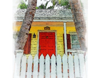 Key West Art, Key West House, Conch House Art, Picket Fence Art, Red Door Print, Yellow House Art, Tiny House Art, Colorful Houses, KORPITA