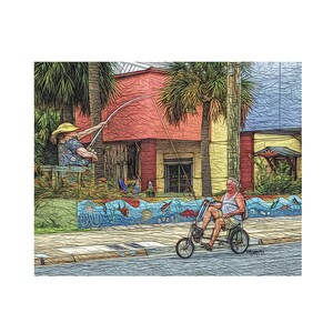 May include: A person on a recumbent bicycle rides past a person fishing on a pier. The scene is painted in a colorful, stylized manner.
