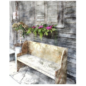 Bay St Louis MS, Wooden Bench Art, Smith and Lens, Window Box Print, Old House Art, Flowers, Bay St Louis Art, Stop and Rest, KORPITA