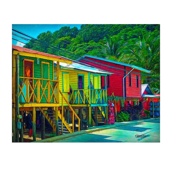 Tropical Houses, Colorful Honduran Art, Caribbean Art, Colorful