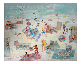 Paisaje marino, decoración de pared de playa, impresión de playa, gente en la playa, gente en la playa, arte popular de playa, orilla del mar, arte costero colorido, arte de playa, Korpita
