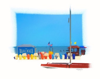 Biloxi Beach, Beach Print, Beach Painting, Sailboat, Colorful Beach, Coastal Art, Beach Wall Decor, Seashore, Nautical, Seascape, KORPITA