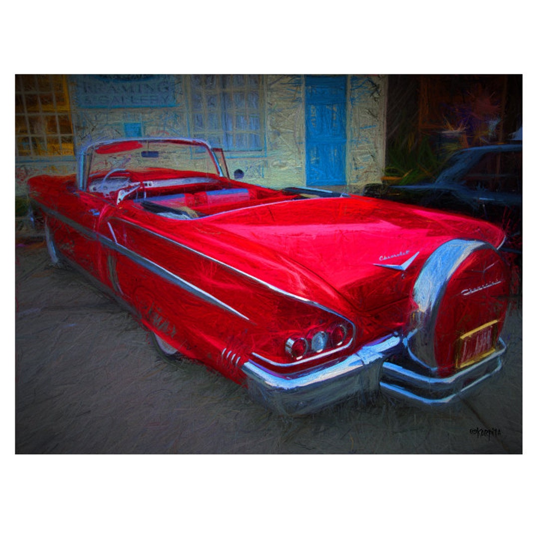 Classic Car Art, 1958 Chevy Impala, Old Red Convertible, Cruising
