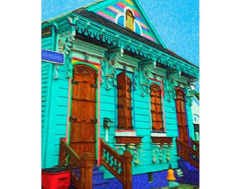 May include: A teal blue house with a rainbow-colored trim and a brown wooden door. The house has a sign that says "Independence" on it. The house is in front of a blue sky.