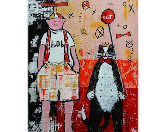 Funny Cat Art, cat lover gift, Bob Cat, Story Art, Narrative Art, Cat Art, Folk Art, Naive Art, Man and Cat, Outsider, MS Artist, KORPITA