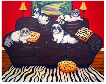 Shih Tzu Art, Shih Tzu Painting, Pet Portrait, Dogs on Couch, Funny Dog Art, Shih Tzu on Sofa, Colorful Dog Art, Shih Tzu Print, KORPITA