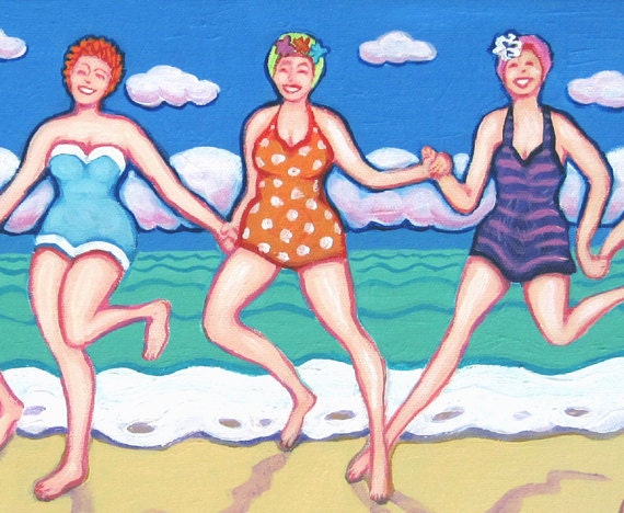 Whimsical Beach Folk Art Women Girlfriends Friendship Glicee Print