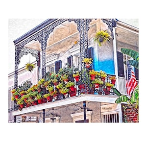 New Orleans Print, French Quarter Balcony, French Quarter Painting, NOLA Art, Balcony Art, Wrought Iron Balcony, Tropical Art, KORPITA