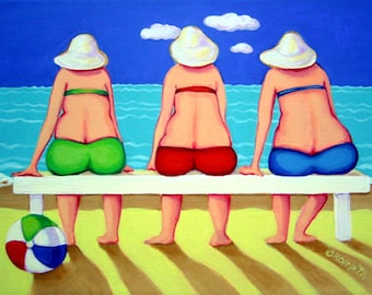 Beach Art, Women on Beach, Beach Folk Art, Fat Women Beach, Colorful Beach Print, Coastal Art, Beach Wall Decor, Beach House Decor, KORPITA