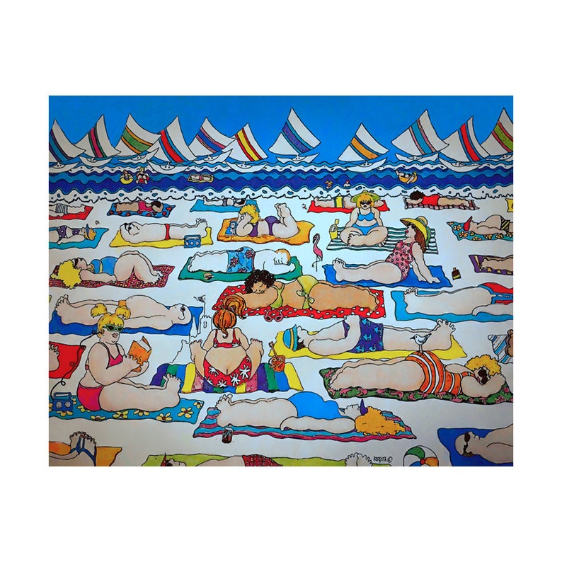 Beach Folk Art Colorful Beach Art Fat People on Beach Etsy