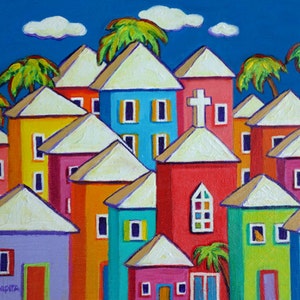 Tropical Art, Colorful Houses Print, Coastal Wall Decor, Caribbean Folk Art, Church art, Orange Cat Art, Seaside Village, Beach Art, Korpita image 1
