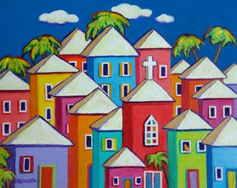 Tropical Art, Colorful Houses Print, Coastal Wall Decor, Caribbean Folk Art, Church art, Orange Cat Art, Seaside Village, Beach Art, Korpita