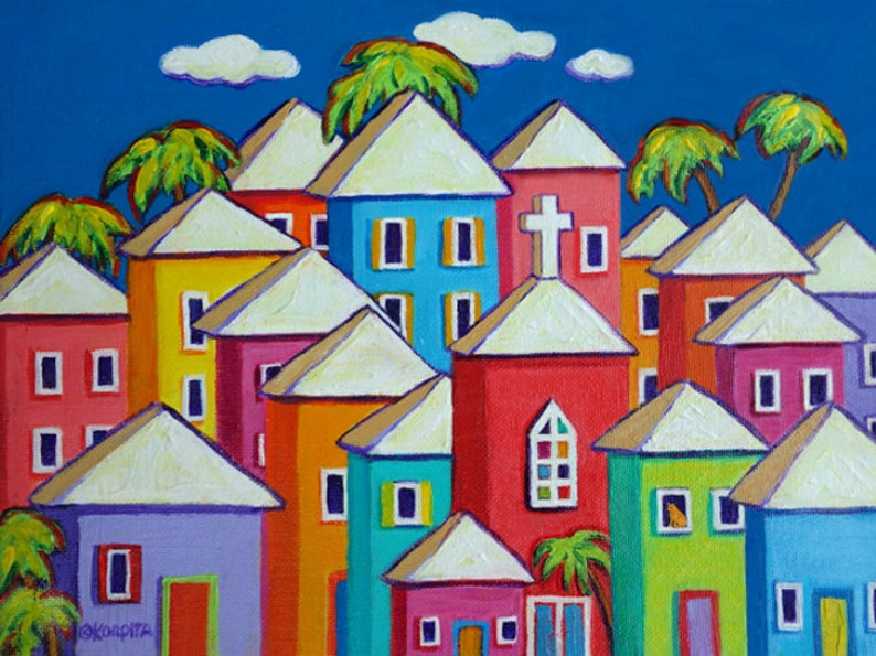 Tropical Art, Colorful Houses Print, Coastal Wall Decor, Caribbean Folk Art, Church art, Orange Cat Art, Seaside Village, Beach Art, Korpita image 1