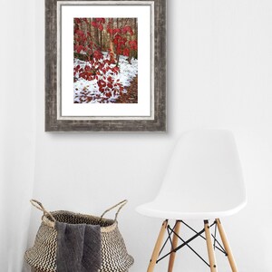 May include: A framed print depicting a forest scene with striking red leaves set against trees and snow. The artwork hangs on a white wall, alongside a white chair and a woven basket containing a grey blanket.