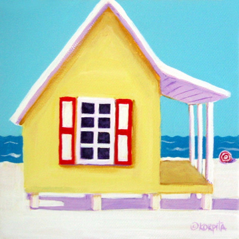 Beach House Art Beach Folk Art Tiny House Art Yellow House Etsy