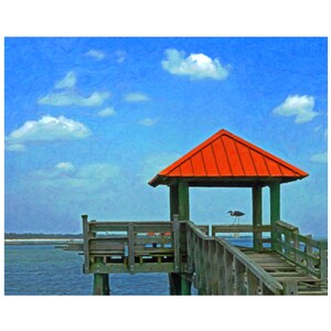 Coastal Wall Decor, Seashore Art, Blue Heron Art, Blue Heron Pier, Bird on Pier, Beach Art, Coastal Art, MS Gulf Coast, Seascape, KORPITA