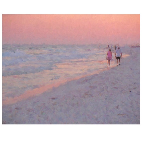 Impressionistic Beach, Sunset, Couple Walking, Seashore Art, End