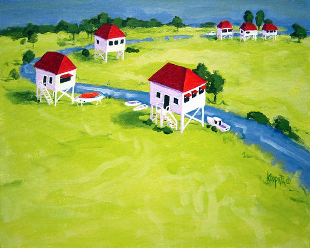 絵画　camp Fish Camp Painting, Camps on Stilts, Louisiana Fish Camps, Coastal
