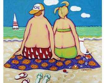 Original Beach Painting, Beach Decor, Beach Folk Art, Colorful Beach, Whimsical Beach, Dog Beach, Coastal Art, Seascape, Happy Art, Korpita