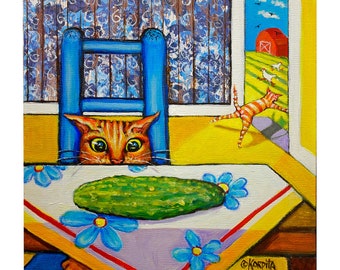 Ginger Cat Art, Orange Cat Art, Cat Cucumber, cat lover gift, Cat humor, Cat Folk Art, Story Art, Colorful Cat, Mississippi Artist, KORPITA