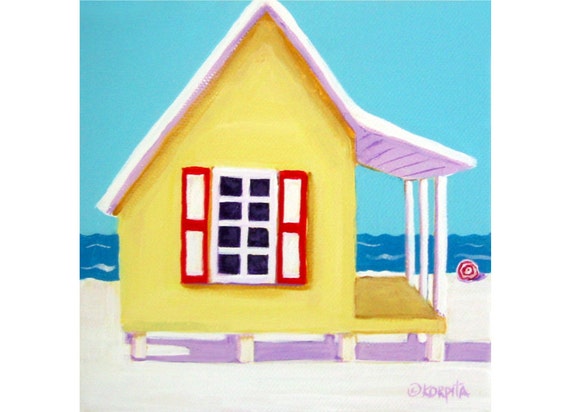 Beach House Art, Beach Folk Art, Tiny House Art, Yellow House Print, Cottage by the Sea, Beach Cottage, Seascape, Seashore Print, KORPITA