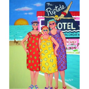 Colorful Funny Women Beach Fifties Vacation MuuMuus Dog 11x14 Glicee Print Tourist Season RipTide Motel from original painting Korpita ebsq