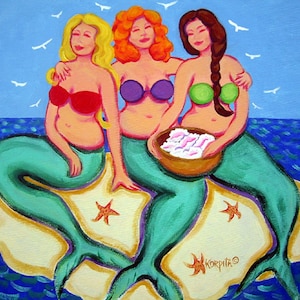 Mermaid Art, Mermaid Print, Women Beach Art, Gift for Girlfriend, Fat Mermaid Art, Whimsical Mermaids, Seascape, Collecting Shells, KORPITA