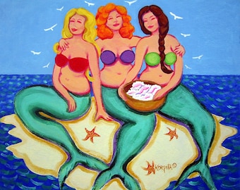 Mermaid Art, Mermaid Print, Women Beach Art, Gift for Girlfriend, Fat Mermaid Art, Whimsical Mermaids, Seascape, Collecting Shells, KORPITA