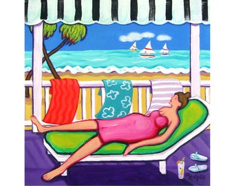 Beach Art, Beach Painting, Beach Print, Woman on Beach, Coastal Art, Beach House Decor, Coastal Print, Woman Relaxing, Seashore Art, KORPITA