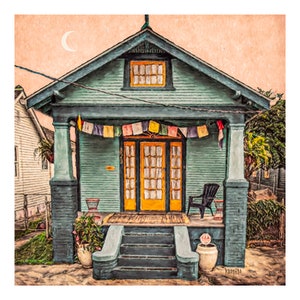 New Orleans Houses, House with Moon, Prayer Flag House, Funky Houses art, Colorful Houses, Whimsical House Print, NOLA, Bywater, Korpita