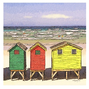 Colorful Beach Huts, Coastal Wall Decor, Beach Art, Beach Folk Art, Beach House Decor, Colorful Beach Art, Seascape, Seashore Art, KORPITA