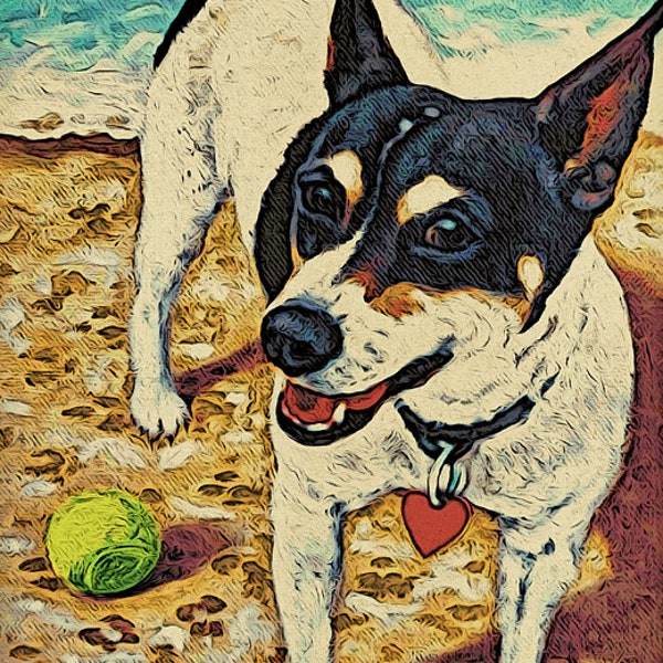 Rat Terrier Art, Dog Beach Art, Rat Terrier Portrait, Dog Portrait, Pet Portrait, Black White Terrier, Dog Art, Dog Painting, KORPITA