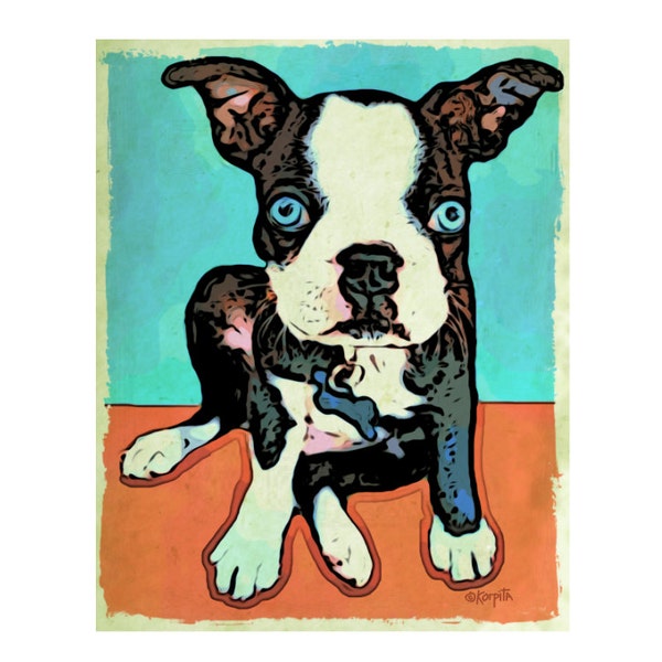 Estampe représentant un Boston Terrier, portrait d'un chien aux yeux bleus, cadeau pour les amoureux des Boston Terriers.