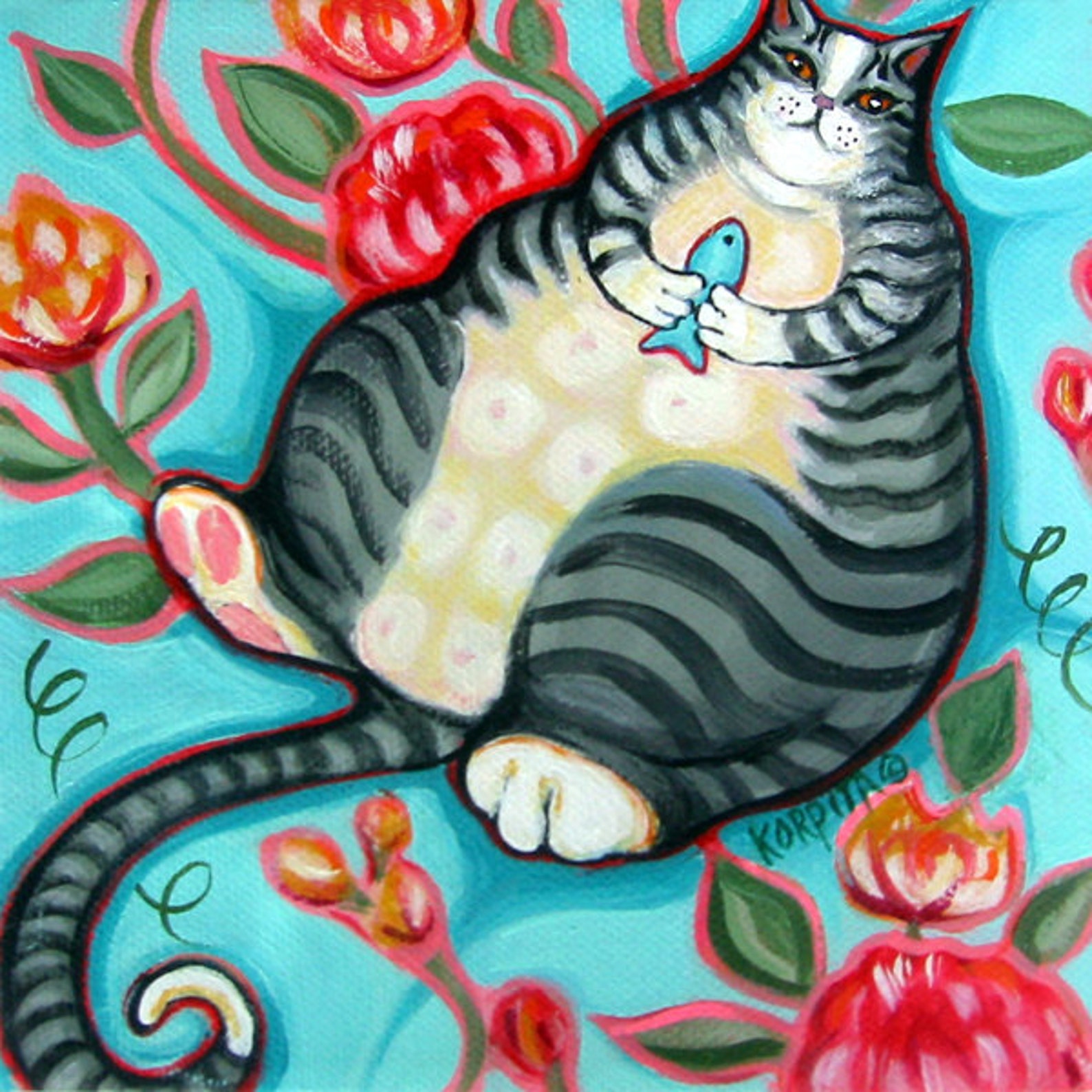 Fat Cat Art, Tabby Cat Print, Whimsical Cat Art, Cat on Pillow, Funny