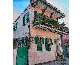 New Orleans Art, New Orleans House, Old House, Colorful Houses Art, French House, French Quarter Balcony, Whimsical House, NOLA Art, KORPITA