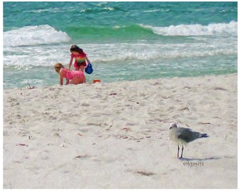 Kids on Beach, Beach Art, Coastal Art, Beach Wall Decor, Seagull Art, Seascape, Seashore Art, Seagull on Beach, Little Girls Beach, KORPITA