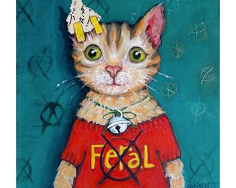 Feral Cat, Rescue Cat, Original Cat Painting, cat lover gift, Cat humor, Cat Folk Art, Story Art, Colorful Cat, Mississippi Artist, KORPITA