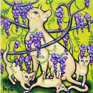 May include: A painting of four white cats with purple wisteria flowers. The cats are in a playful pose, with one cat reaching up to the flowers. The background is a bright yellow.