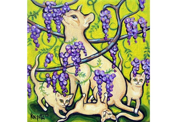 Cat Kittens Art, Wisteria Art, Cat and Wisteria, Cat smelling Flower, White cat art, Mother Cat, Springtime Art, Wisteria Painting, KORPITA