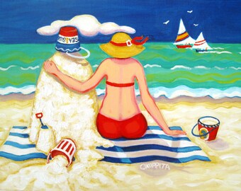 Beach Folk Art, Whimsical Beach Art, Seashore Print, Seascape, Woman Beach, Sand Castle, Coastal Art, Happy Art, Sandman, KORPITA