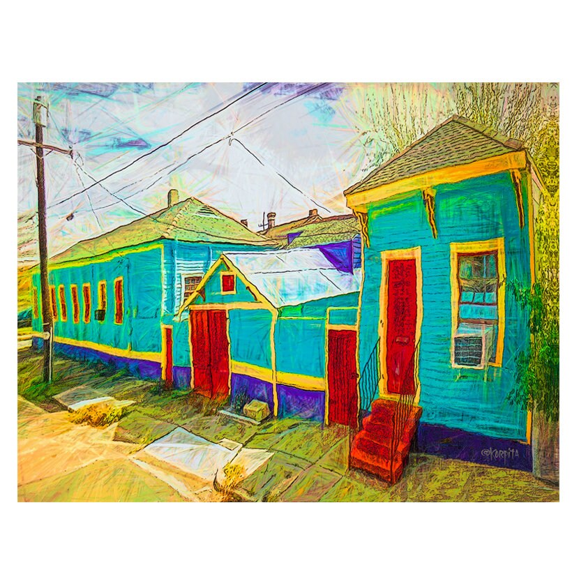 HOUSE PORTRAIT, New Orleans Art, Shotgun House, Turquoise House